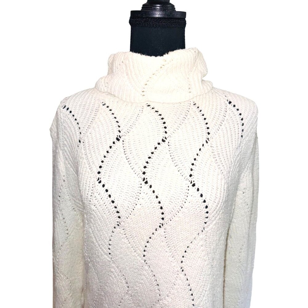 Sundance White Cable Knit Turtleneck Sweater L Cotton/Silk Fisherman Quiet Luxur - Picture 3 of 8